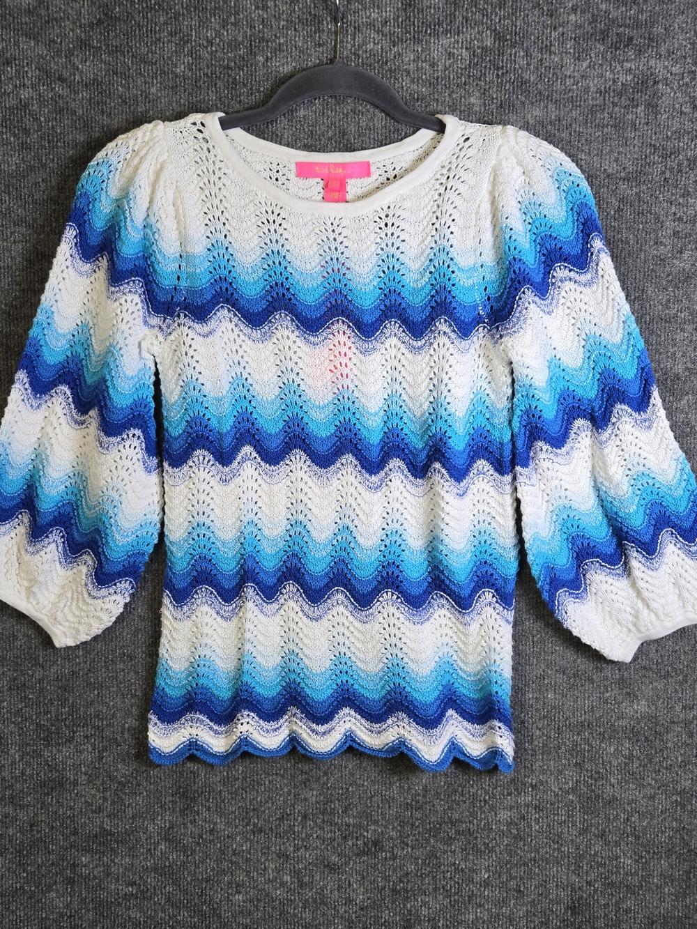 Lilly Pulitzer Sweater Womens XXS Blue Stripe Open Knit Navana Puff Sleeve New